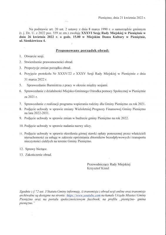 XXXVI Sesja Rady Miejskiej w Pieniężnie