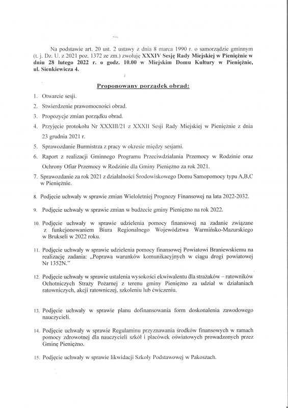 XXXIV Sesja Rady Miejskiej w Pieniężnie