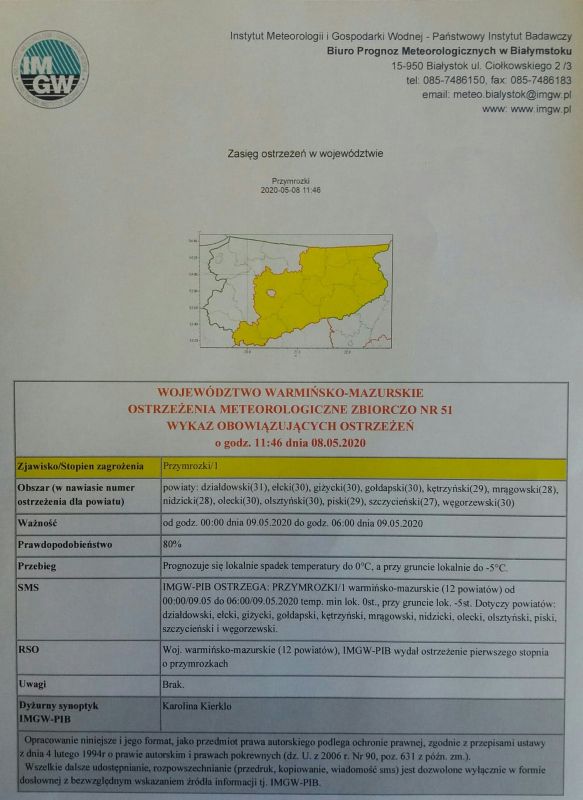 2020 ostrzeżenie meteorologiczne 8 maja