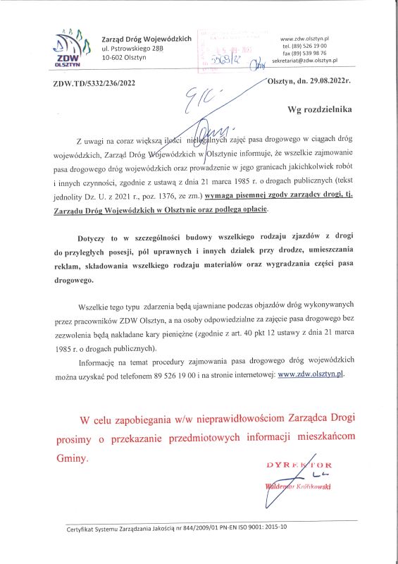 Komunikat Zarządu Dróg Wojewódzkich w Olsztynie...
